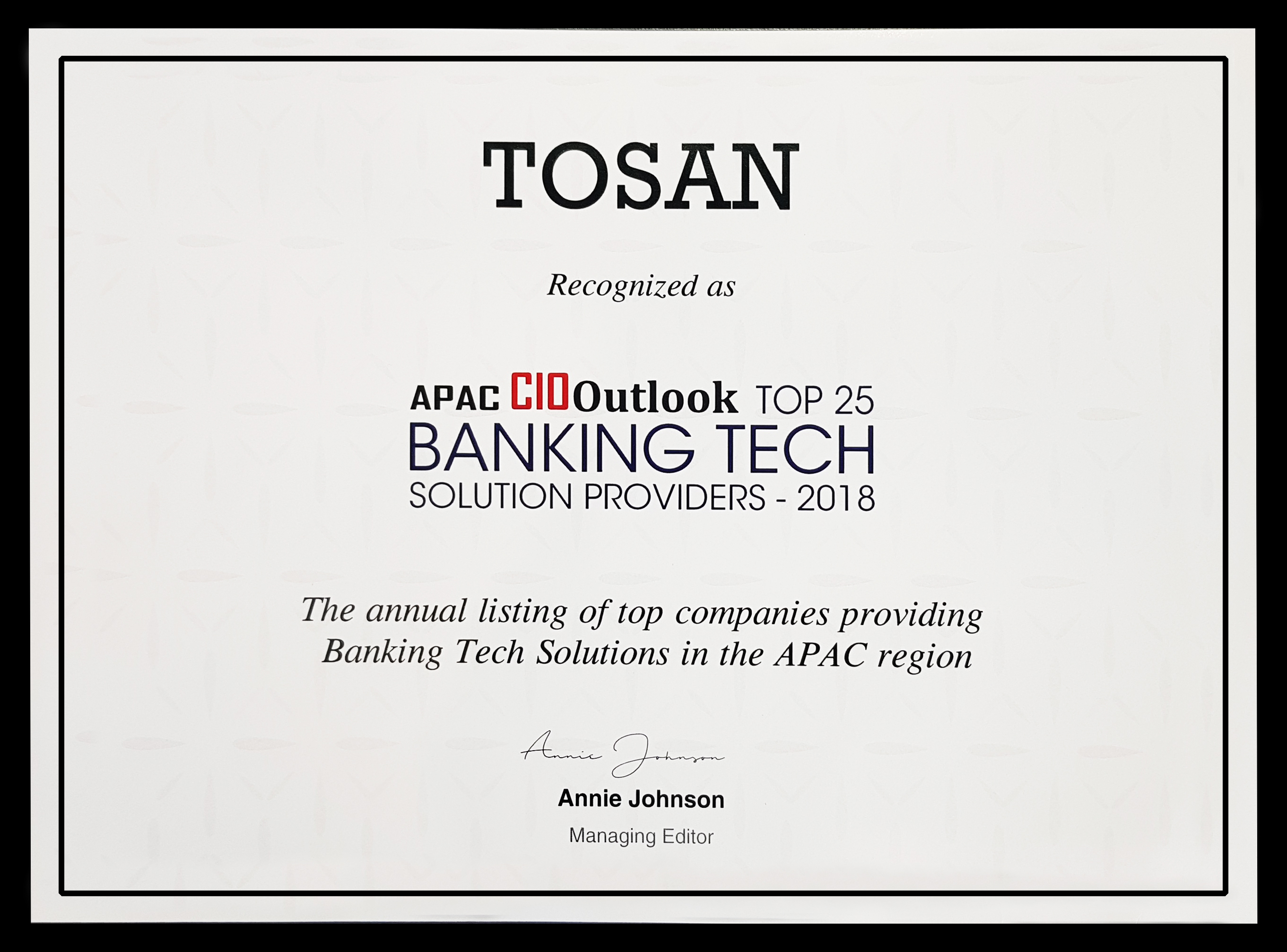 توسن یکی از ۲۵ شرکت برتر فناوری‌های بانکی آسیا و اقیانوسیه شد