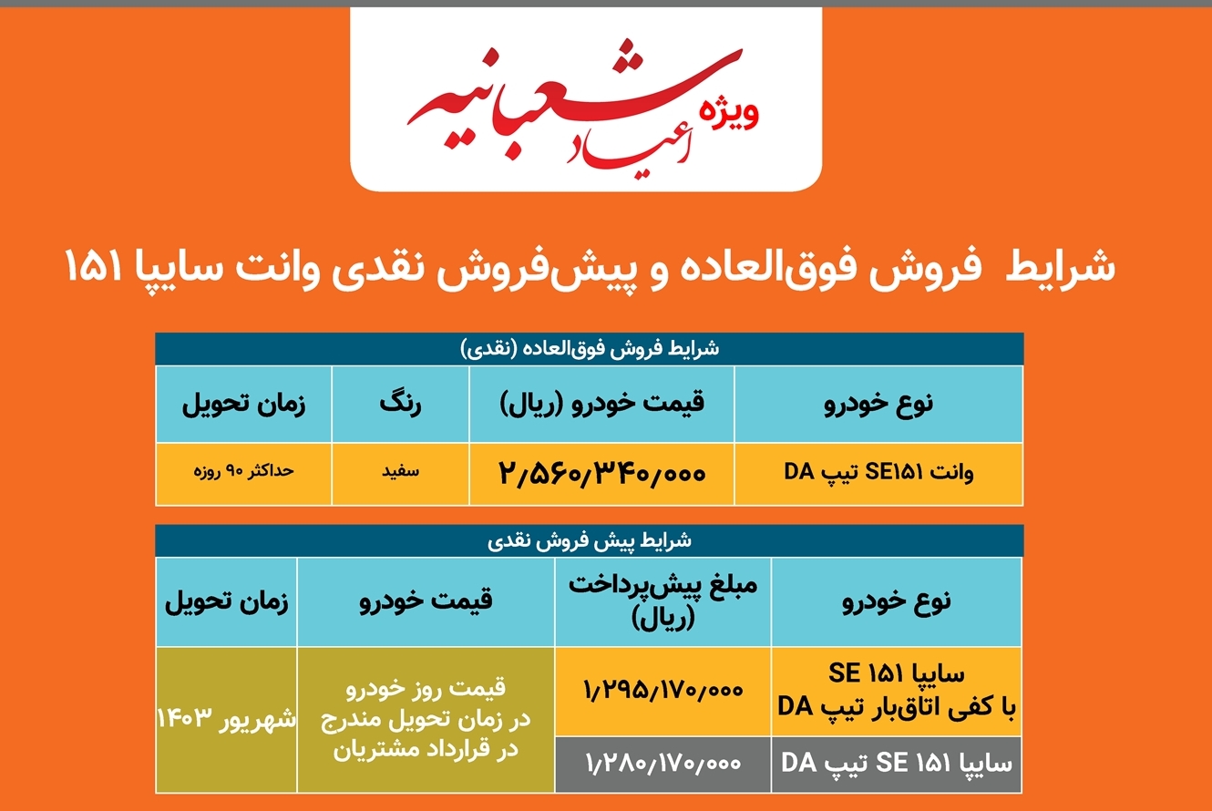 آغاز پیش‌فروش نقدی و فروش فوق‌العاده سایپا 151